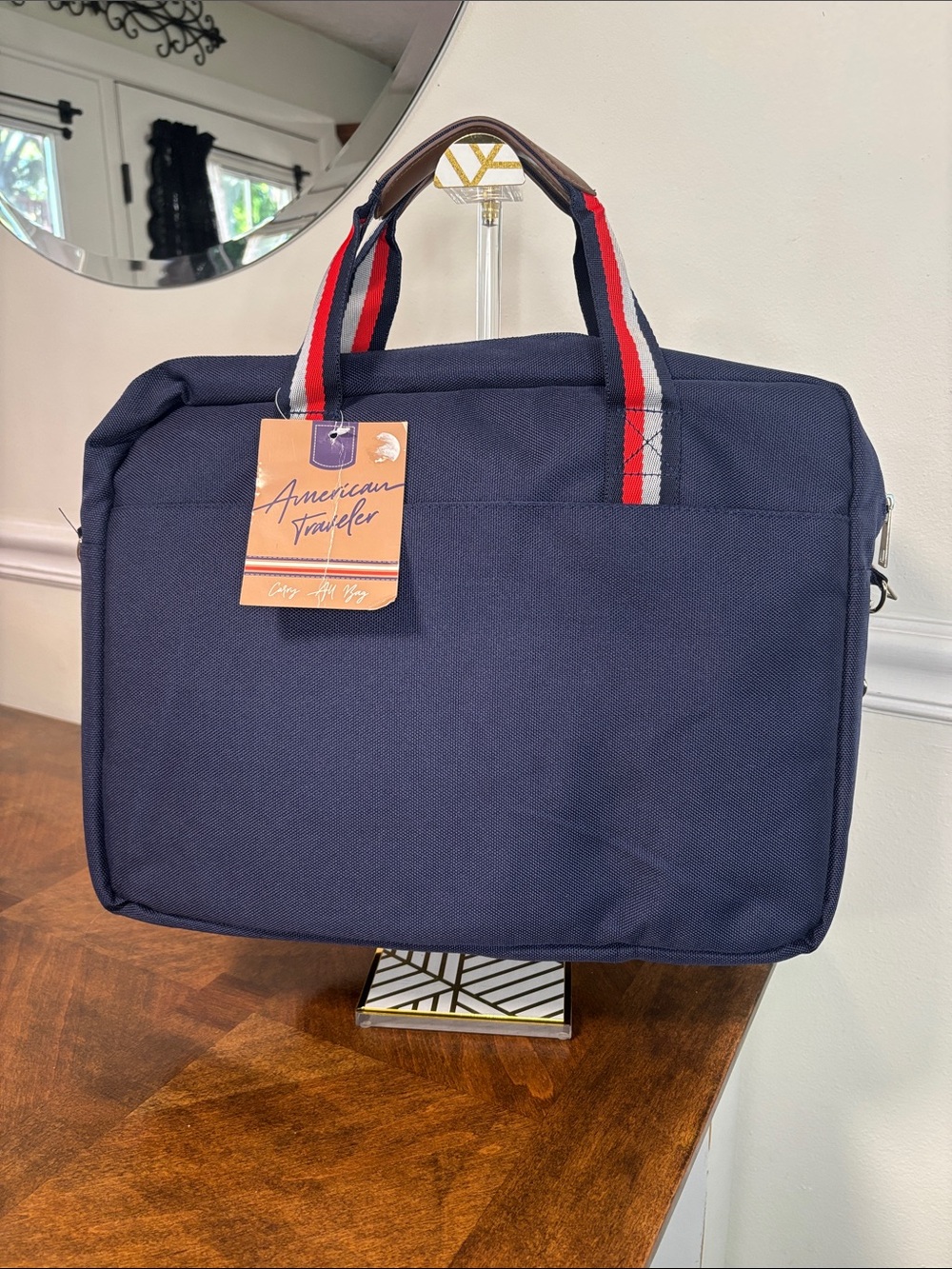 Navy Canvas Laptop Briefcase with Red-White-Blue Accent Strap NWT - Picture 7 of 11